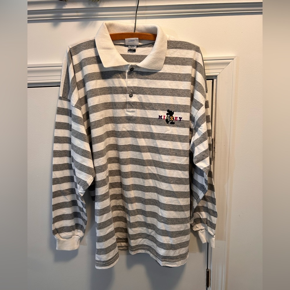 Disney Mickey Stripped White/gray Long Sleeve Polo Shirt Disney‎ Store Onesize